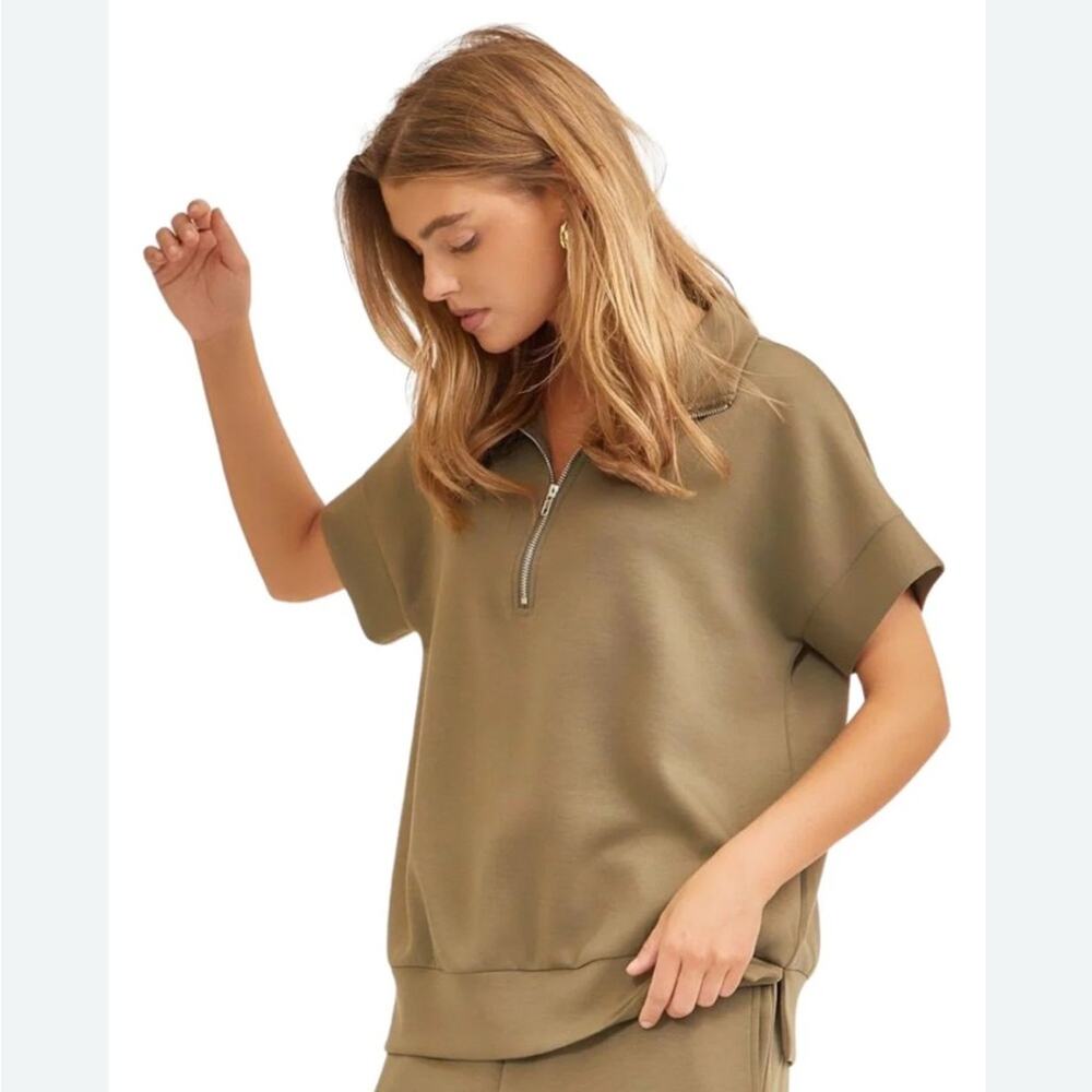 Dear Scarlett Olive Green Relaxed Zip-Up Short Sleeve Sweatshirt